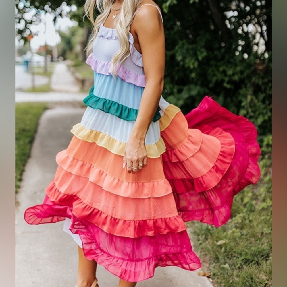 Storia Rainbow Chiffon Tiered Midi Dress Flowy Boho Pride Dancing Feminine, Sz S